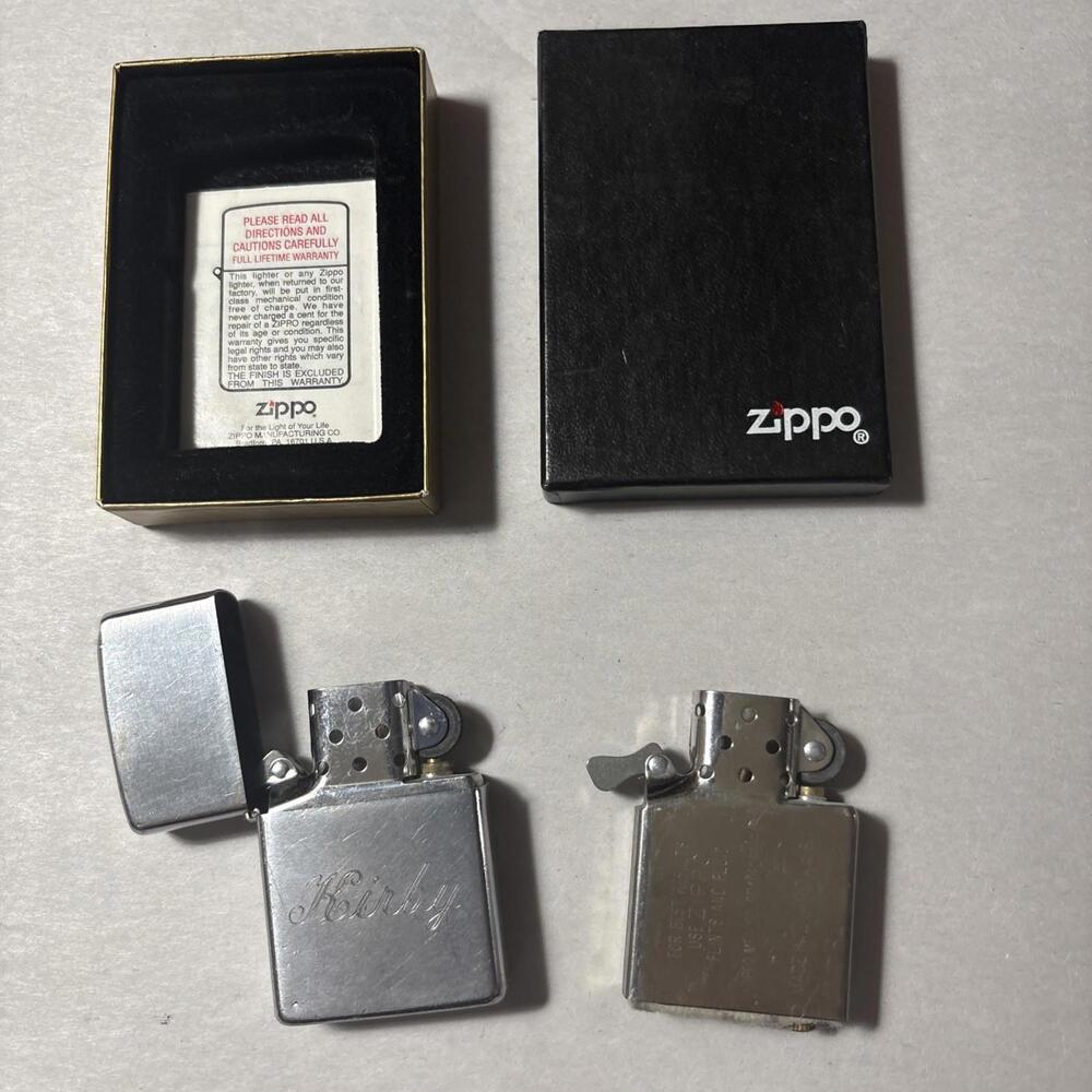 Vintage 1972 ZIPPO Lighter Brushed Chrome Engraved Name “Kirby”, & “Michael”